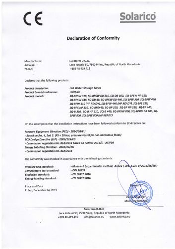 UNIQUBE Declaration of conformity WITHOUT el-heaters