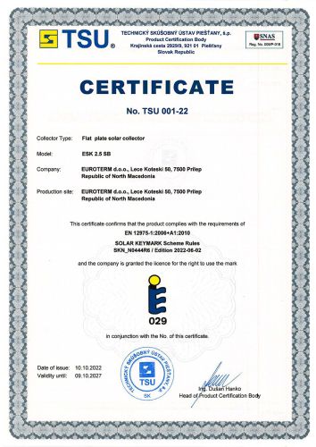 UniPlate Solar Keymark Certificate TSU 001-22